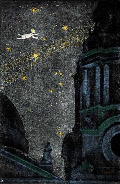 Ilustracja do powieści „Piotruś Pan” Sir Jamesa Matthew Barrie (JM lub J.M. Barrie autorstwa Ezio Anichini