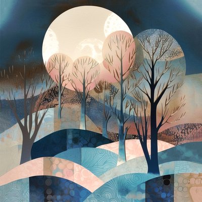 Abstrakcyjny obraz Moonglow, duży księżyc, niebieski różowy kremowy, wydruk ścienny autorstwa F. Abderrahim
