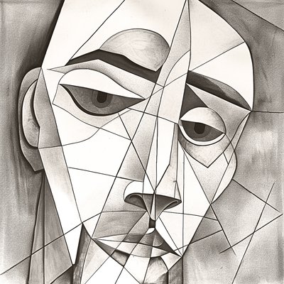 Abstrakcyjny prymitywny rysunek ołówkiem przedstawiający melancholijny portret twarzy autorstwa F. Abderrahim