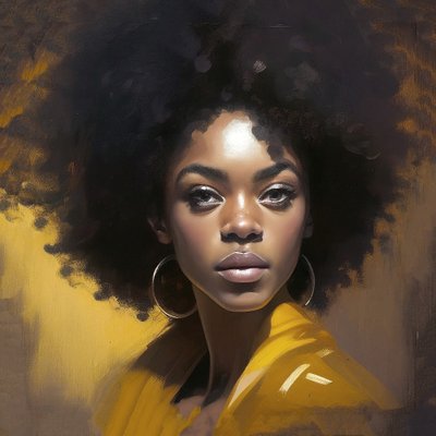 Portret afrykańskiej kobiety, rozczochrane włosy, obraz olejny na płótnie, grafika ścienna autorstwa F. Abderrahim