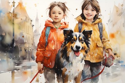 Akwarela Portret Pies i dzieci, dekoracja ścienna, wydruki canva autorstwa F. Abderrahim