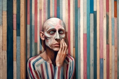 Surrealistyczny obraz smutnego mężczyzny inspirowany Giorgio de Chirico, grafiki artystyczne autorstwa F. Abderrahim