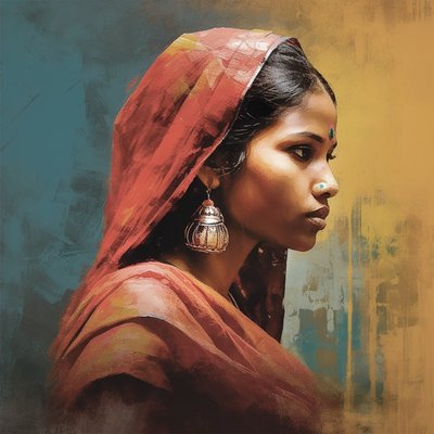 Tradycyjna indyjska kobieta ze srebrnymi kolczykami, Portret Wall Art Print autorstwa F. Abderrahim