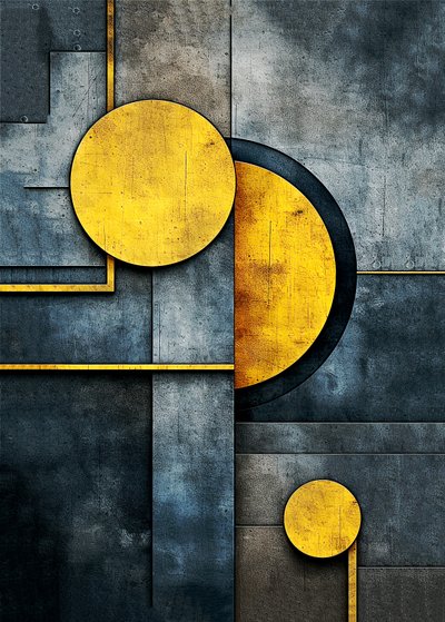 kakofonia abstrakcyjnych kształtów geometrycznych, reprodukcja na ścianie autorstwa F. Abderrahim