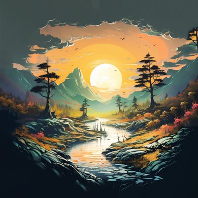 fantasy góry zachód słońca krajobraz natura rysunek cyfrowy , grafika ścienna | wydruki na płótnie autorstwa F. Abderrahim