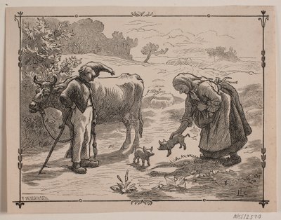 Ilustracja do bajki ludowej „Trzy małe czerwone świnki” autorstwa F. Hendriksen