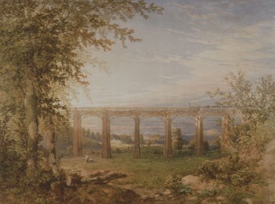Murowany i drewniany wiadukt kolejowy z pociągiem parowym, 1849 (wc na papierze) (para do 3247622) autorstwa F. S. Cook