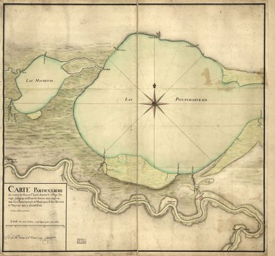 Szczegółowa mapa biegu rzeki St. Louis od dzikiej wioski do poniżej Detour aux Angloix, jezior Pontchartrain i Maurepas oraz rzek i zalewisk, które tam prowadzą autorstwa F. Saucier