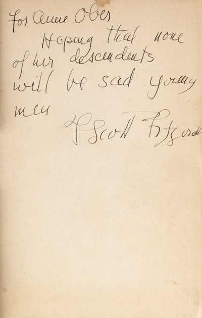 Autorski napis na przedniej wyklejce pierwszego wydania „Wszystkich smutnych młodych mężczyzn” autorstwa F. Scott Fitzgerald