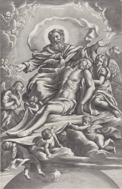 Trójca Święta z martwym Chrystusem w centrum w otoczeniu aniołów, Bóg Ojciec, ..., 1650-90. autorstwa F. de Louvement