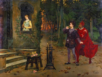 Spotkanie z Małgorzatą. Mefisto (Mefistofeles). Ilustracja do „Fausta”, Opera Charlesa Gounoda (1818 - 1893). chromolitografia F. Cipolli. autorstwa Fabio Cipolla