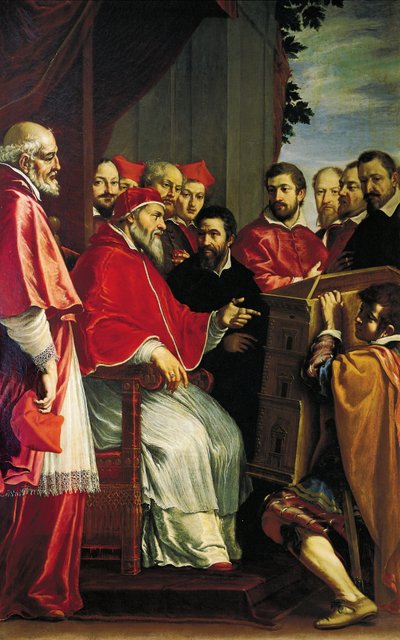 Michał Anioł przedstawiający papieżowi Juliuszowi III model budynku dworu Rota przy ulicy Giulia autorstwa Fabrizio Boschi