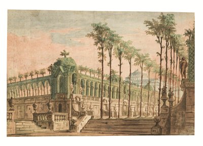 Scenografia ogrodu pałacowego (długopis i brązowy tusz, akwarela) autorstwa Fabrizio Galliari