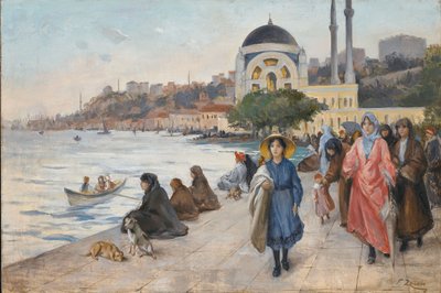 Mafalda nad brzegiem Bosforu, w tle meczet Dolmabahce (olej na płótnie) autorstwa Fausto Zonaro