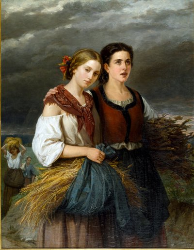 Powrót z pól Dwóch młodych chłopów w kaczanach w fartuchach stoi razem. Obraz Federiki Giuliano Gervasoniego (1838-1915) 1863 Nd. 135x105 cm Genes Nervi, Galleria d