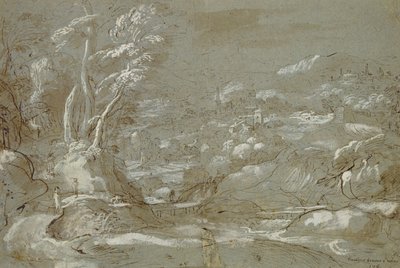 Krajobraz (pióro i tusz na papierze z białymi podświetleniami) autorstwa Federico Fiori Barocci or Baroccio