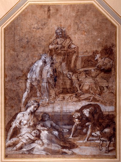 Alegoria religijna, zebranie Manny i Ustanowienie Eucharystii (pióro i atrament i kreda z płynem, podkreślone bielą na papierze) autorstwa Federico Fiori Barocci or Baroccio