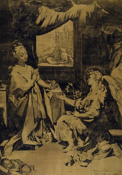 Zwiastowanie (akwaforta, rycina i suchy punkt na żółtej taftie jedwabnej) autorstwa Federico Fiori Barocci or Baroccio