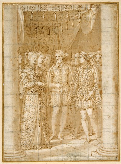 Zaręczyny Ottaviano Farnese z Małgorzatą Parmeńską w obecności Henryka II z Francji (pióro i atrament na papierze) autorstwa Federico Zuccaro