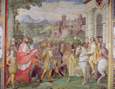 Karol V (1500-58) z Alessandro Farnese (1546-92) w Wormacji, z "Sala dei Fasti Farnese" (Sala Splendorów Farnese), 1557-66 (patrz 95812) autorstwa Federico Zuccaro