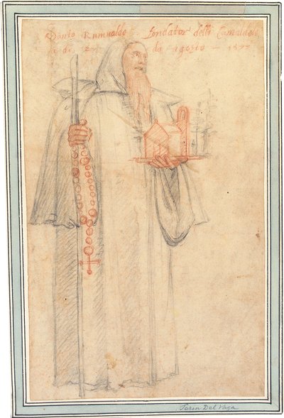 Fra Stefano, prokurator kamedułów w Vallombrosa, jako św. Romuald, trzymający model kościoła i różaniec, 1577 autorstwa Federico Zuccaro