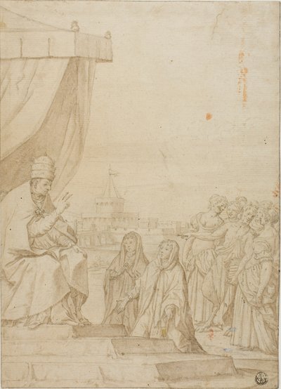 Papież błogosławiący dwie kobiety w obecności satyra i zgromadzonych kobiet na tle Castel Sant Angelo autorstwa Federico Zuccaro