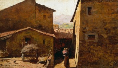 Rustykalne toskańskie domy wiejskie, Federico Andreotti (1847-1930), olej na panelu autorstwa Federigo Andreotti
