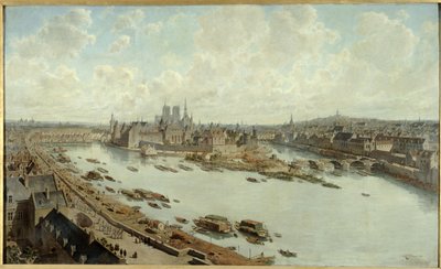 Panoramiczny widok na Paryż w 1588 r. z dachów Luwru, z Pont-Neuf w budowie autorstwa Fedor (1839 1922) Hoffbauer