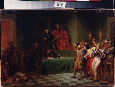 Artyści mozaiki przed Radą Trzech w Wenecji (Włochy) (Artyści mozaiki przed Radą Trzech w Wenecji). Obraz Fiodora Andrejewicza Bronnikowa (1827-1902). Olej na płótnie, przed 1886, 25,5 x 37,5 cm, sztuka rosyjska. Państwowe Muzeum Sztuki im. A. Radishcheva, autorstwa Fedor Andreevich Bronnikov