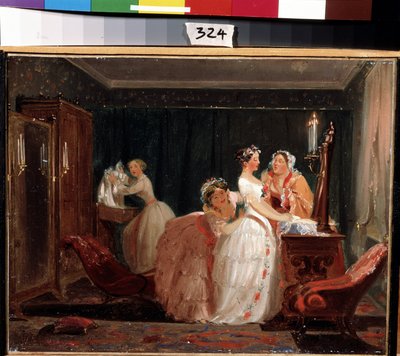 Przygotowania do ślubu. Mieszczańska dziewczyna w sukni ślubnej przygotowuje się do ceremonii ślubnej. Praca Fiodora Andriejewicza Bronnikowa (1827-1902). Olej na papierze, 26 x 33 cm autorstwa Fedor Andreevich Bronnikov