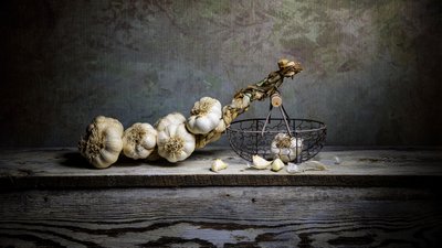 Rustykalna martwa natura z czosnkiem autorstwa Felice Angelino