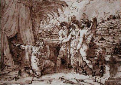Abraham i aniołowie (pióro i brązowy tusz, brąz przemyj ołówkiem na papierze) autorstwa Felice Giani