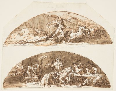 Achilles ciągnie ciało Hectora po murach Troi, Priam błaga o ciało Hectora, projekty sufitów dla Galleria di Achille, Palazzo Milzetti, Faenza, Włochy autorstwa Felice Giani