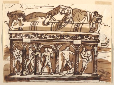 Rysunek przedstawiający rzymski sarkofag w Muzeum Watykańskim, ok. 1820 r. autorstwa Felice Giani