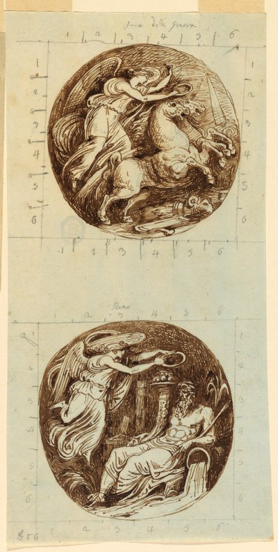 Rysunek, Uskrzydlone zwycięstwo jadące na rydwanie; Uskrzydlone zwycięstwo wieńczące boga rzeki, Reno; dwie okrągłe ryciny, ok. 1805 r. autorstwa Felice Giani