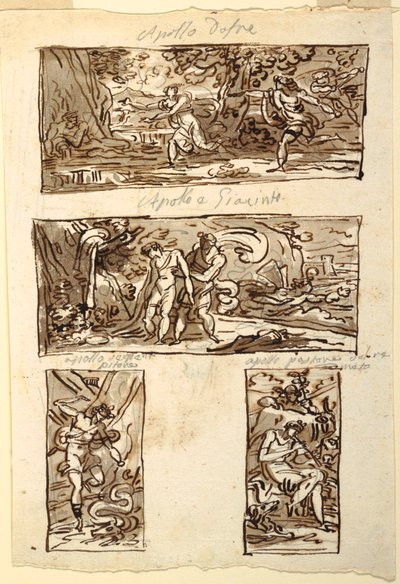Cztery rysunki mitu Apolla; Dekoracja ściany nad kominkiem, Sala di Apollo, Palazzo Cavina, Faenza autorstwa Felice Giani