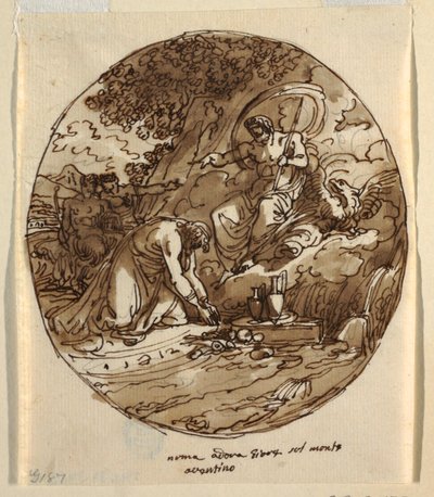 Numa Pompilius wielbi Jowisza na Awentynie, projekt sufitu w Sala di Numa Pompilius, Palazzo Milzetti, Faenza autorstwa Felice Giani