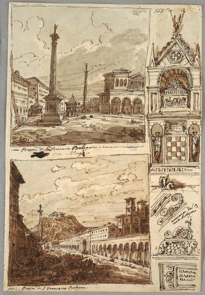 Piazza San Domenico w Bolonii; Piazza San Francesco i Villa Aldini w Bolonii; Studium Grobowca Glossatori autorstwa Felice Giani