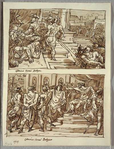 Remus zabija króla Amuliusa; Remus zakuty w kajdany przed królem Amuliusem; Dwa studia po Carracci autorstwa Felice Giani