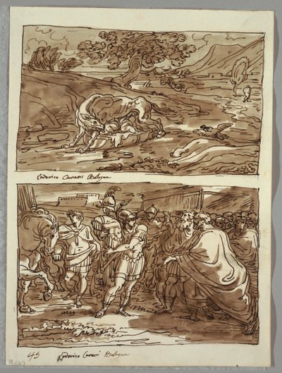 Romulus i Remus karmili wilka; Romulus dedykuje Jowiszowi Feretriusowi łupy podbitego króla Akroniusza, dwa studia po Carraccim autorstwa Felice Giani