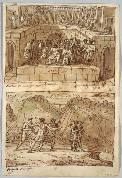 Strona szkicownika, Folio 98: Dwa obrazy według Caravaggia i Rafaela; Verso: Orzeł i Wół autorstwa Felice Giani
