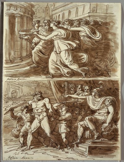Vestal Tuccia niesie wodę w sicie; Dwa Studia po Polidoro da Caravaggio autorstwa Felice Giani