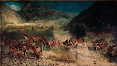 Trzecia włoska wojna o niepodległość: „”bitwa pod Bezzecca”” 21.07.1866 r. przeciwstawiła armii austriackiej ciało myśliwych Giuseppe Garibaldiego. Obraz Felice Zennaro (1833-1926) Mediolan, Muzeum Risorgimento autorstwa Felice Zennaro