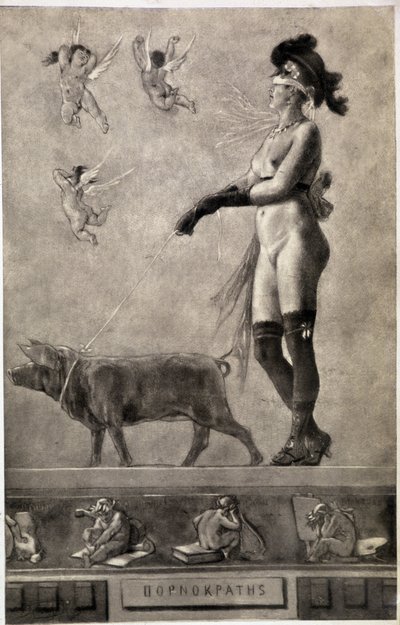 Pornokrates (Naga kobieta, oczy ze striptizem, otoczona aniołami i trzymająca świnię na smyczy) - rysunek Feliciena Ropsa (1833-1898) autorstwa Félicien Rops