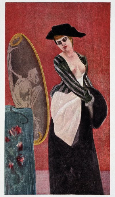 Demon chciwości: potworne odbicie kobiety patrzącej na siebie w lustrze, „Felicien Rops” Rudolfa Kleina. autorstwa Félicien Rops