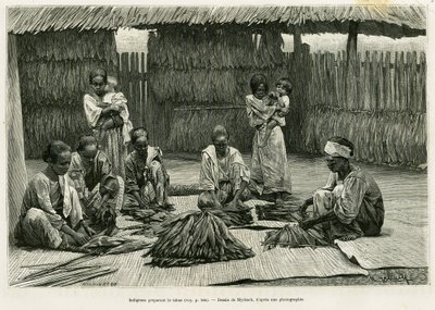 Rdzenni mieszkańcy wytwarzający tytoń. Grawerowanie autorstwa Myrbacha ilustrujące historię Lucon i Palaouan, sześć lat na Filipinach, Alfreda Marche (1844-1898), in le tour du monde 1886, w reżyserii Edouarda Chartona (1807-1890), Hachette, Paryż. autorstwa Felicien baron de Myrbach Rheinfeld