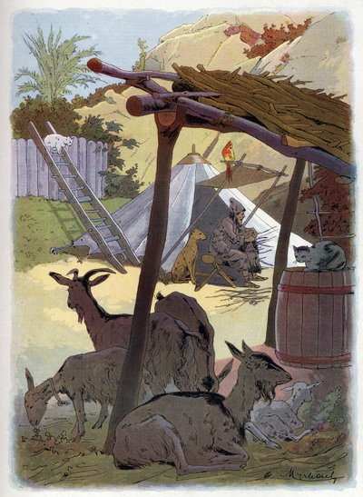 Robinson Crusoe do domu ze swoimi zwierzętami. autorstwa Felicien baron de Myrbach Rheinfeld