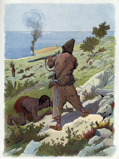 Robinson Crusoe zabija dzikusów ścigających Piątek. autorstwa Felicien baron de Myrbach Rheinfeld