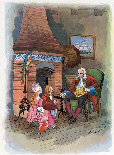 Robinson Crusoe opowiada swoim dzieciom o swoich przygodach. Ilustracja Felicjana MYRBACH MYRBACH RHEINFELD (1853-1940) Za Księgę Daniela Defoe (De foe) Robinsona Crusoe. Brak daty. Około 1934 autorstwa Felicien baron de Myrbach Rheinfeld