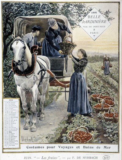 Zbieranie truskawek – Myrbach, kalendarz „Piękna doniczka”, czerwiec 1898 autorstwa Felicien baron de Myrbach Rheinfeld